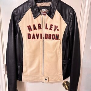 Harley-Davidson Black and Cream Leather Jacket with Red Accents